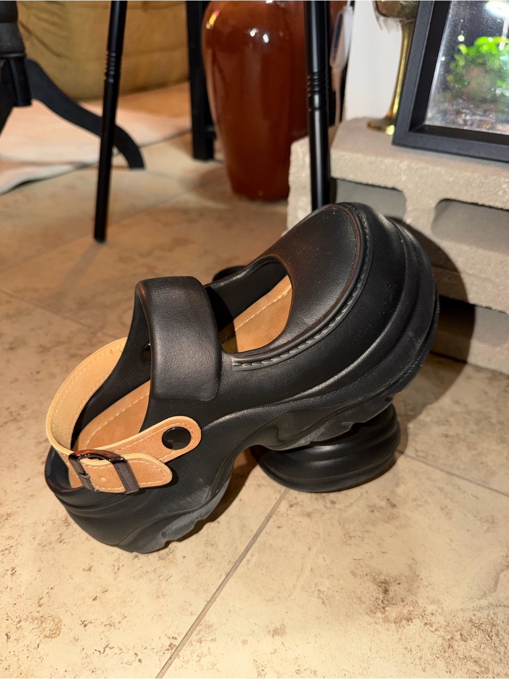 Women’s Black Platform Mary Jane with Tan Strap